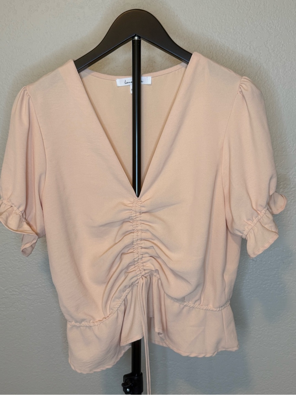 Love Tree Blush Ruched V-Neck Puff Sleeve Top